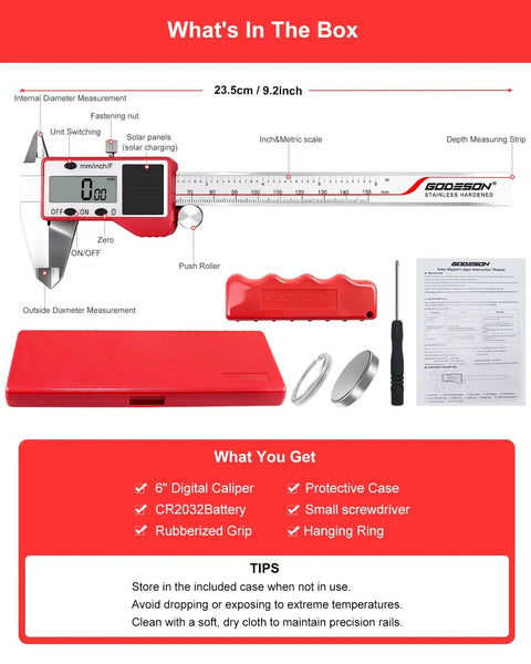 Box contents of Solar Powered Digital Caliper 6 Inch, 0.001 Inch Precision, Stainless Steel; includes caliper, case, battery, screwdriver, manual.