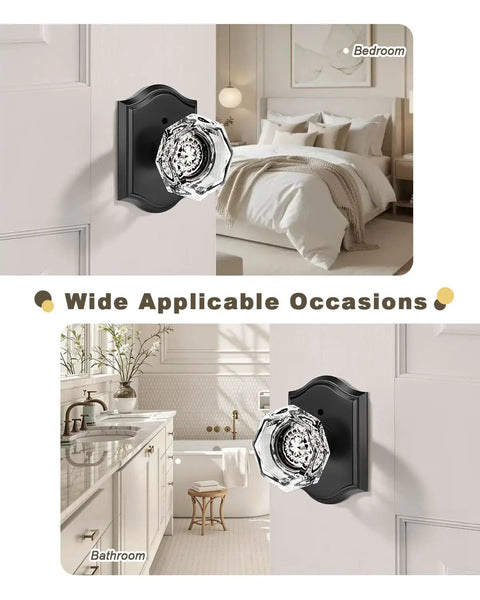 Matte Black Octagon Crystal Glass Door Knob Set 6 Pack Keyless Privacy Function for Bedroom and Bathroom Zinc Rosettes