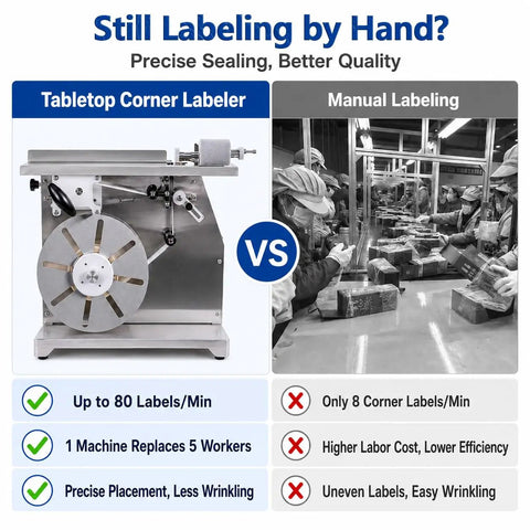 Gshshou Semi Automatic Right Angle Labeling Machine With Optical Sensor For Fast 90 Degree Corner Sealant Application High Speed 35 To 90 Pieces Per Minute Wraps Tightly Around Box Edges Without Wrinkles Or Bubbles Anti Tampering Seal Effortlessly compared to manual labeling workflow.