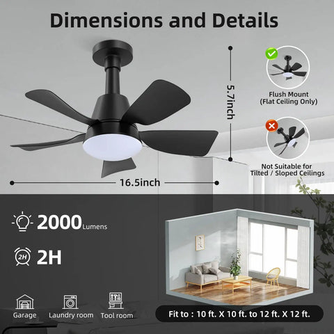 Lit 2 In 1 Socket Ceiling Fan With Light And Remote, Dimmable 3000K To 6500K, black finish, 6 Speed Whisper Quiet, 16.5 inch diameter