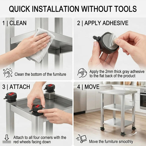 Installation guide for Snap In No Sweat Silent Swivel Caster Wheels For Bedroom Dressers And Kitchen Islands.