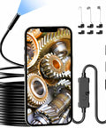 Borescope Camera With Light For Home And Auto Inspections, 7.9mm tube, 1920P HD image, showing gear details on a phone screen