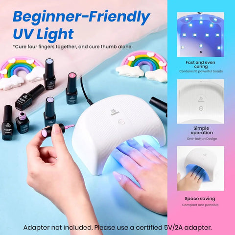 UV Light Gel Nail Polish Kit With 20 Colors And 40 Piece Mix Set shown with curing lamp for salon-quality nails at home