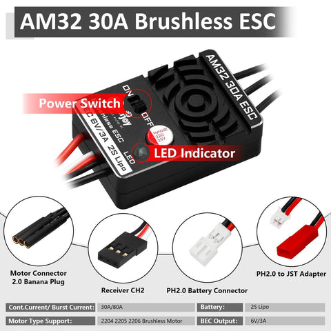 AM32 30A Brushless ESC with power switch and LED indicator for 2204 2400KV Brushless Outrunner Motor With Transmission And 30A ESC