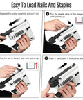 Instructions for loading nails and staples into 2 In 1 Cordless Electric Staple Gun And Brad Nailer Kit, step-by-step guide shown.