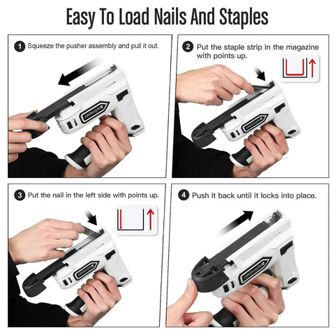 Instructions for loading nails and staples into 2 In 1 Cordless Electric Staple Gun And Brad Nailer Kit, step-by-step guide shown.