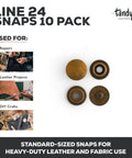 Top Shelf Antique Brass Snap Fasteners Line 24 Size Built Tough and Ready to Roll for Leather Crafting or Bag Making fits 10 pieces.