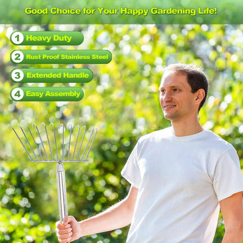 Man holding Heavy Duty Stainless Steel Lawn Rake With Extended Handle For Leaves Debris Thatch Dethatcher And Weed Removal