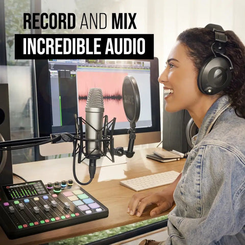 Woman using All In One Podcast And Streaming Studio For Creators With Built In Mixer And USB Audio Interface, Wi Fi And Ethernet Connectivity