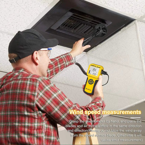 Beast HVAC Anemometer Handheld Wind Speed Meter For Airflow And Temperature 0.001 To 100 Mph With Five Percent Accuracy And 1.8 F Temperature Precision Includes Meters Per Second Feet Per Minute Knots Kilometers Per Hour And Miles Per Hour in use at ceiling vent