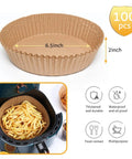 Go-To 6.5 Inch Round Air Fryer Paper Liners in air fryer with fries, packaging shows 100 pack, oil resistant bleach free parchment.