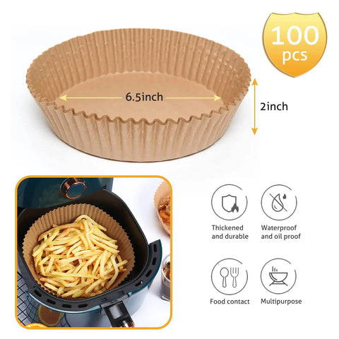 Go-To 6.5 Inch Round Air Fryer Paper Liners in air fryer with fries, packaging shows 100 pack, oil resistant bleach free parchment.