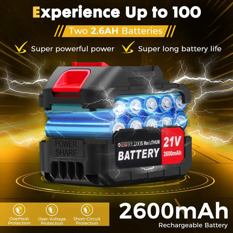 21V 2600mAh rechargeable battery for Beast Cordless Leaf Blower With 2.6Ah Battery And Charger, emphasizing protection features.