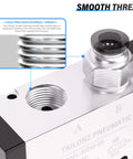 Close-up of 2 Position 5 Way Solenoid Valve DC 12V showing smooth external thread for quarter inch NPT inlet and outlet.