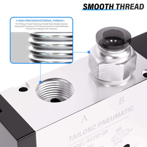 Close-up of 2 Position 5 Way Solenoid Valve DC 12V showing smooth external thread for quarter inch NPT inlet and outlet.