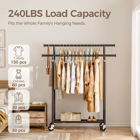 Heavy Duty Rolling Clothes Rack With Double Hanging Bars And Smooth Glide Casters Portable Black Garment Stand For Shirts Pants Jackets Roommate Approved Dorm Flex Setup