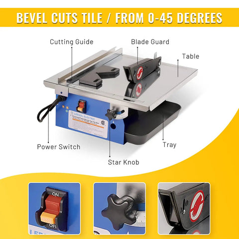 Heavy Duty Seven Inch Electric Wet Tile Saw Brings Hardcore Power With A Fast Induction Motor Handling Zero To Forty Five Degree Bevel Cuts While The Adjustable Rip Fence Miter Gauge And Cool Water Reservoir Deliver No Sweat Precision Cutting