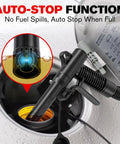 Battery Powered Fuel Transfer Pump With Auto Stop, 3.8 GPM, shown with auto-stop nozzle in use for spill-free refueling