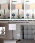 Pair Of Lit Touch Table Lamps For Bedroom And Living Room, silver metal base, fabric shade, 3-way dimmable, USB port, set of 2