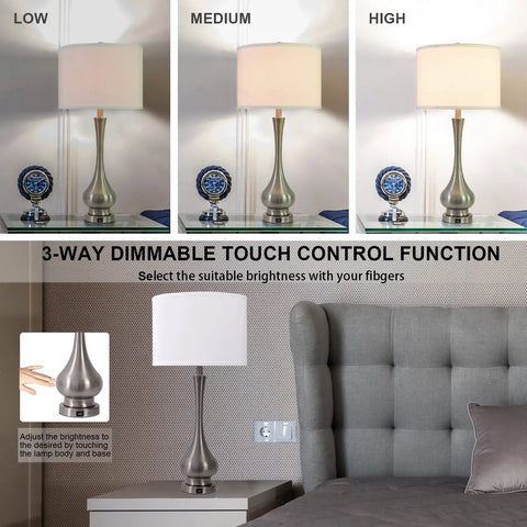 Pair Of Lit Touch Table Lamps For Bedroom And Living Room, silver metal base, fabric shade, 3-way dimmable, USB port, set of 2