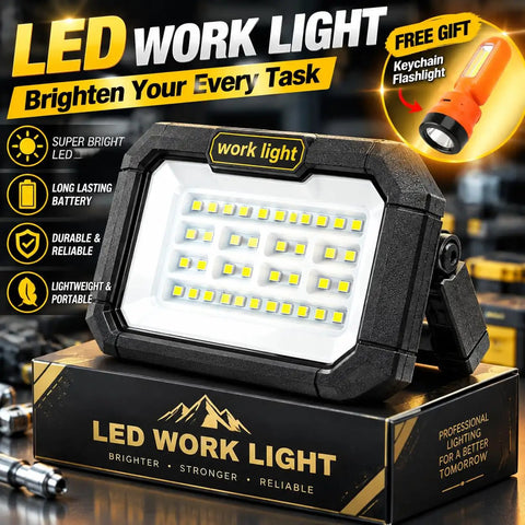 Rechargeable Camping Solar Light, Solar Work Light, Portable LED Flood Light with multiple bright LEDs, compact design.