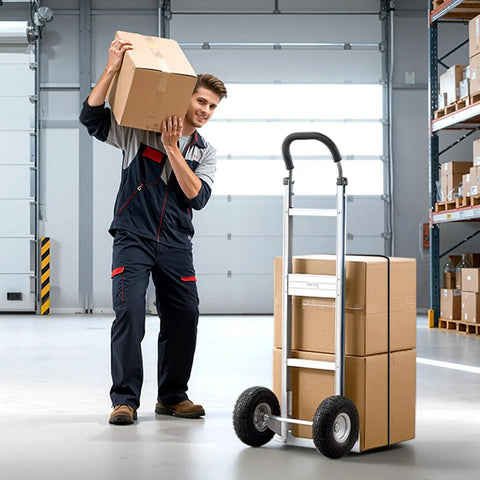 Heavy Duty Aluminum Hand Truck Dolly With Non Slip Wheels And Handle, 500 Lb Capacity Portable Trolley in warehouse setting