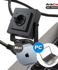 8MP USB Camera Module With HDR And Autofocus For LightBurn USB Two Point Zero Webcam next to a Mac and PC laptop.