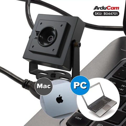 8MP USB Camera Module With HDR And Autofocus For LightBurn USB Two Point Zero Webcam next to a Mac and PC laptop.