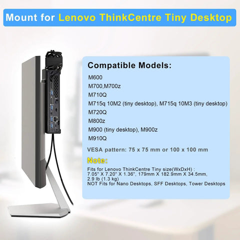 Built Tough Vesa Wall And Under Desk Mount For Lenovo Thinkcentre Tiny Desktops showing compatible models and measurements.
