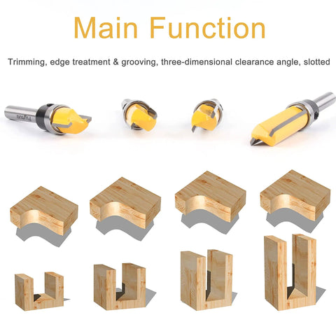 Pattern Flush Trim Router Bit Set With Quarter Inch Shank And Half Inch Cutting Diameter Four Sizes in wood cutting examples
