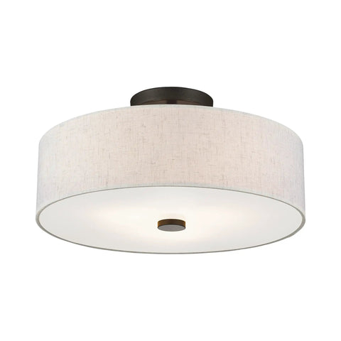 Meridian Collection 3 Light Semi Flush Mount Ceiling Fixture With Oatmeal Fabric Drum Shade And Satin White Diffuser In English Bronze Finish