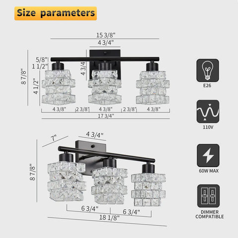 Dimensions of 3 Light Crystal Bathroom Vanity Light Fixture Over Mirror Rotatable Matte Black Crystal Indoor Wall Lights.