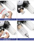 Demonstration of Pro Grade Pneumatic 1/4 Inch NPT Air Filter Regulator Kit With Brass Fittings And Gauge, showing filter maintenance.