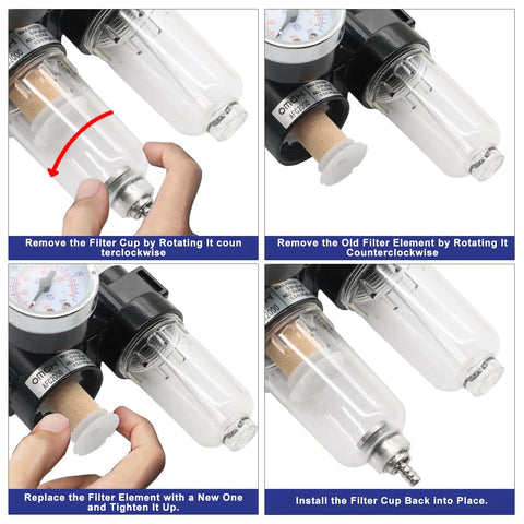Demonstration of Pro Grade Pneumatic 1/4 Inch NPT Air Filter Regulator Kit With Brass Fittings And Gauge, showing filter maintenance.
