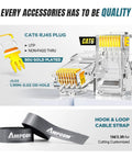 CAT6 RJ45 plug with gold plating next to Ampcom hook and loop cable strap for cable organization, part of Seven In One Pro Grade Ethernet Crimping Tool Kit For RJ45 RJ11 Network Cabling Cat6 Cat5e Cat5 Connectors Includes 110 Punch Down Tool And Wire Stripper In A Portable Waterproof Bag For Home Office And Tech Pros.