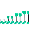 Dovetail Hardware Variety Pack 2.0 for Woodworking Track System, includes eight green pieces with track screws of various lengths.