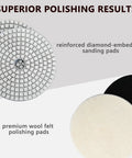 Pro Grade Rock Solid 15 Piece Diamond Polishing Pad Kit For 4 Inch Surfaces showing diamond and wool pads