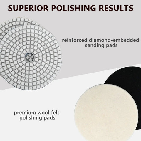 Pro Grade Rock Solid 15 Piece Diamond Polishing Pad Kit For 4 Inch Surfaces showing diamond and wool pads