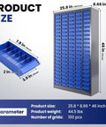 Front view of 100 Drawer Parts Cabinet With Nut And Bolt Organizer Label Stickers ABS Material Drawers shown with dimensions.