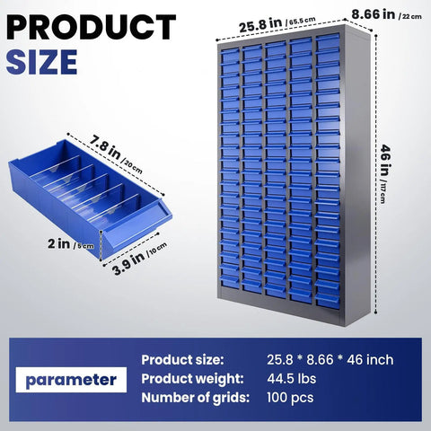Front view of 100 Drawer Parts Cabinet With Nut And Bolt Organizer Label Stickers ABS Material Drawers shown with dimensions.