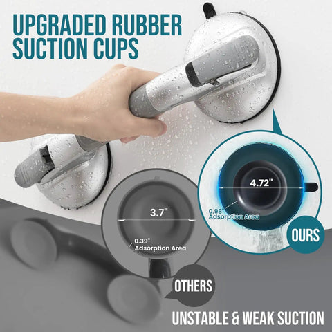 Rock Solid Shower Grab Bars With Grippy Suction Handles No Drill Bathroom Safety Rails Hold Up To 330 Lbs Upgraded Senior Assist Silver Two Pack Easy Install with close-up of upgraded rubber suction cups.