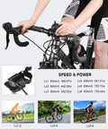 Cyclist using All Weather Indoor Bike Trainer Stand with Magnetic Resistance, showing speed and power levels, close-up view