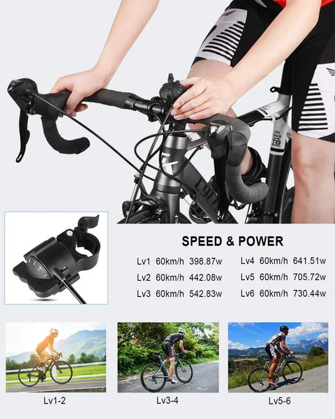 Cyclist using All Weather Indoor Bike Trainer Stand with Magnetic Resistance, showing speed and power levels, close-up view