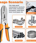 Carbon Steel 5 Blade Hand Crimper for gutter and ductwork shown with various pipe usages