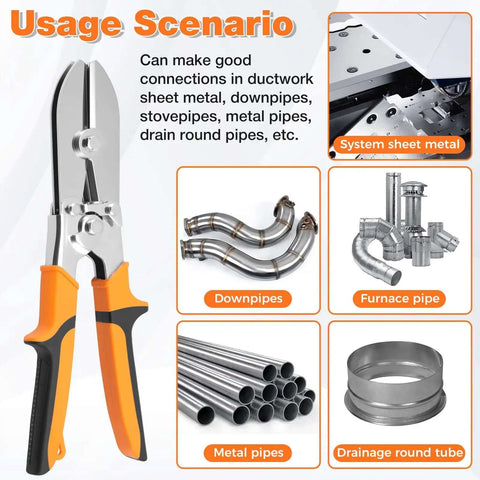 Carbon Steel 5 Blade Hand Crimper for gutter and ductwork shown with various pipe usages