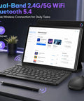 Android 16 Tablet 10.1 Inch 2 In 1 Bundle with Keyboard Wireless Mouse Stylus Leather Case shown on desk with screen display