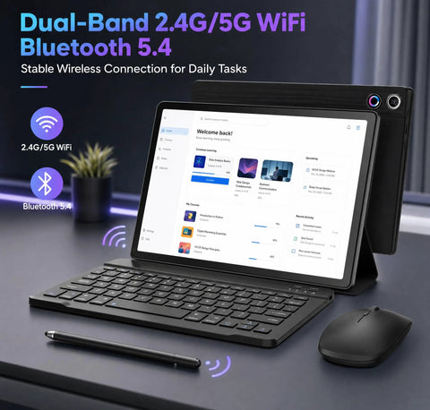 Android 16 Tablet 10.1 Inch 2 In 1 Bundle with Keyboard Wireless Mouse Stylus Leather Case shown on desk with screen display