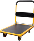 Heavy Duty Folding Platform Cart With Four Inch Rotation Wheels, 360 Lb Load Capacity, Rugged Steel Build For Easy Gear Moves On Any Surface Great For Warehousing, Moving Heavy Gear, And Home Shop Tasks, yellow steel platform