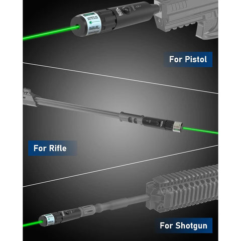 Green Laser Bore Sight Kit With Button Switch And 32 Adapters For Calibers From 0.17 HMR To 12 GA on pistol, rifle, shotgun