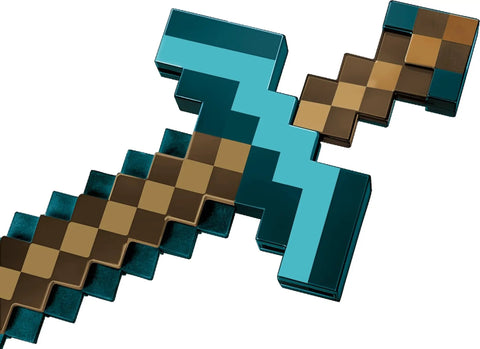 Minecraft Transforming Diamond Sword And Pickaxe 2-In-1 Toy For Kids, pixelated diamond sword angled view